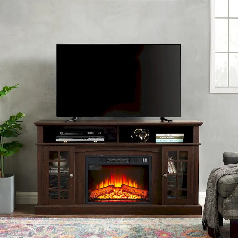 Meuble TV cheminée expresso de 58,25 po avec rangement ouvert et fermé pour téléviseurs de 65 po