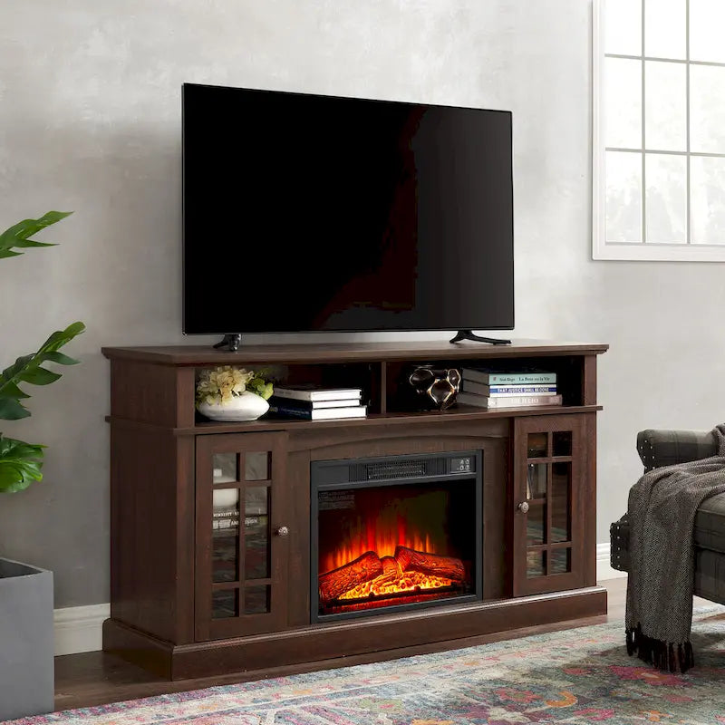 Meuble TV cheminée expresso de 58,25 po avec rangement ouvert et fermé pour téléviseurs de 65 po
