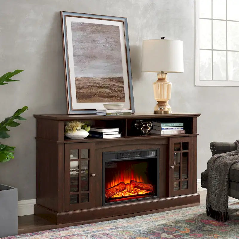Meuble TV cheminée expresso de 58,25 po avec rangement ouvert et fermé pour téléviseurs de 65 po