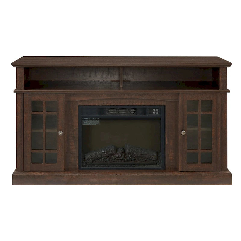 Meuble TV cheminée expresso de 58,25 po avec rangement ouvert et fermé pour téléviseurs de 65 po