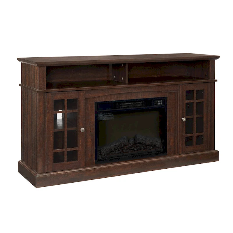 Meuble TV cheminée expresso de 58,25 po avec rangement ouvert et fermé pour téléviseurs de 65 po