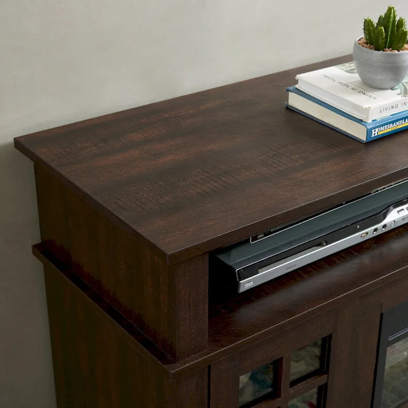 Meuble TV cheminée expresso de 58,25 po avec rangement ouvert et fermé pour téléviseurs de 65 po