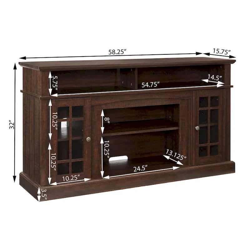Meuble TV cheminée expresso de 58,25 po avec rangement ouvert et fermé pour téléviseurs de 65 po
