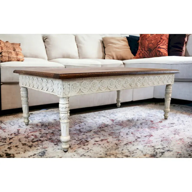 Table basse en bois massif marron et ivoire de 48 po