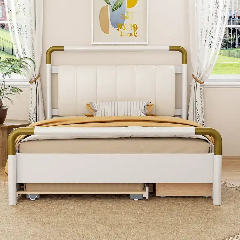 Lit plateforme Queen en bois avec 2 tiroirs et lit gigogne double XL