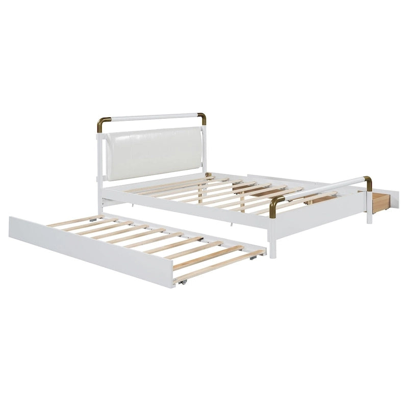 Lit plateforme Queen en bois avec 2 tiroirs et lit gigogne double XL
