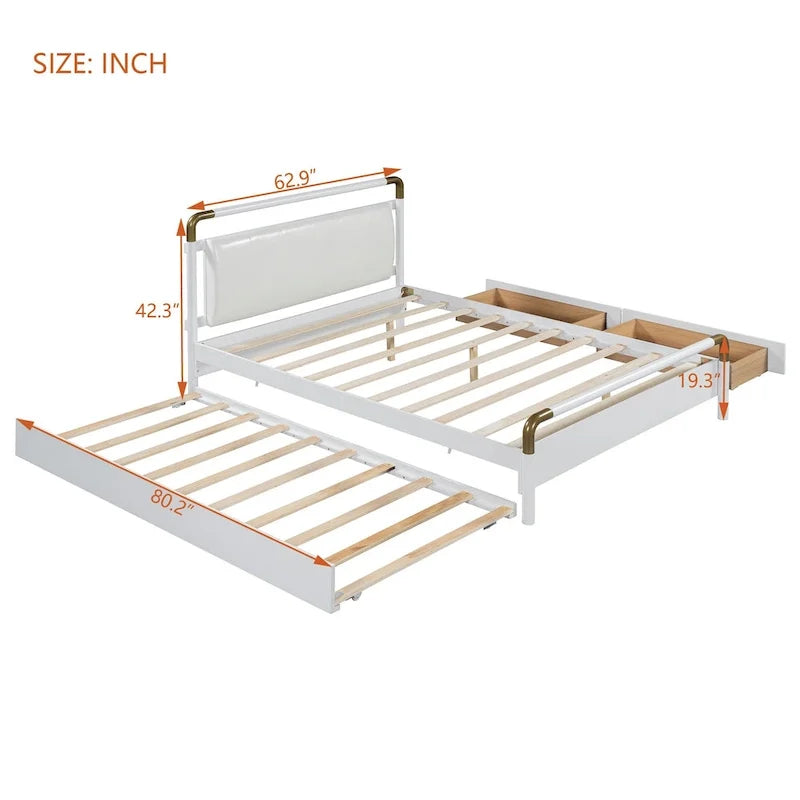 Lit plateforme Queen en bois avec 2 tiroirs et lit gigogne double XL