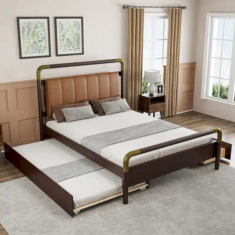Lit plateforme Queen en bois avec 2 tiroirs et lit gigogne double XL