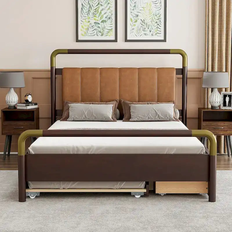 Lit plateforme Queen en bois avec 2 tiroirs et lit gigogne double XL