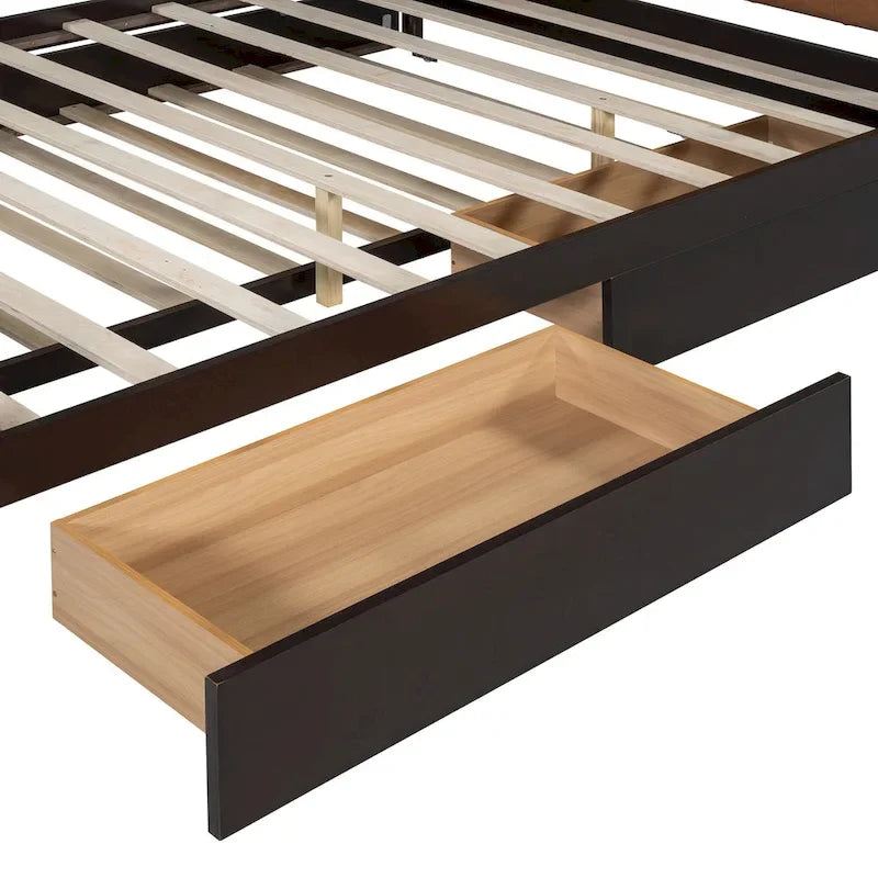 Lit plateforme Queen en bois avec 2 tiroirs et lit gigogne double XL