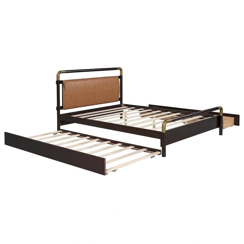 Lit plateforme Queen en bois avec 2 tiroirs et lit gigogne double XL