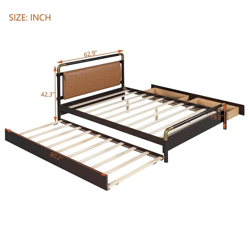 Lit plateforme Queen en bois avec 2 tiroirs et lit gigogne double XL