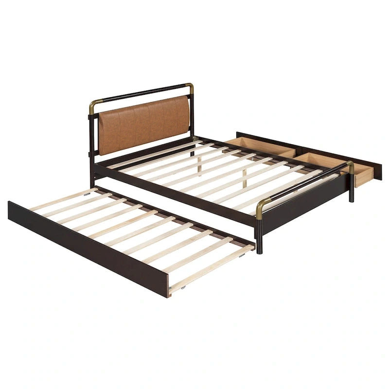 Lit plateforme Queen en bois avec 2 tiroirs et lit gigogne double XL