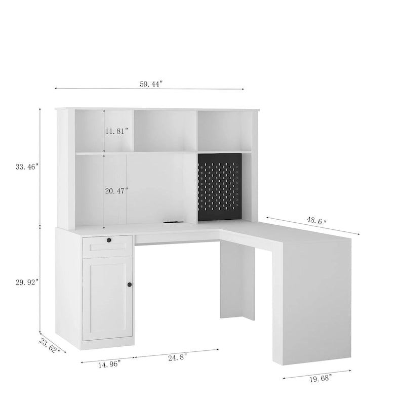 Bureau d'angle avec prise de courant, tiroirs et étagère