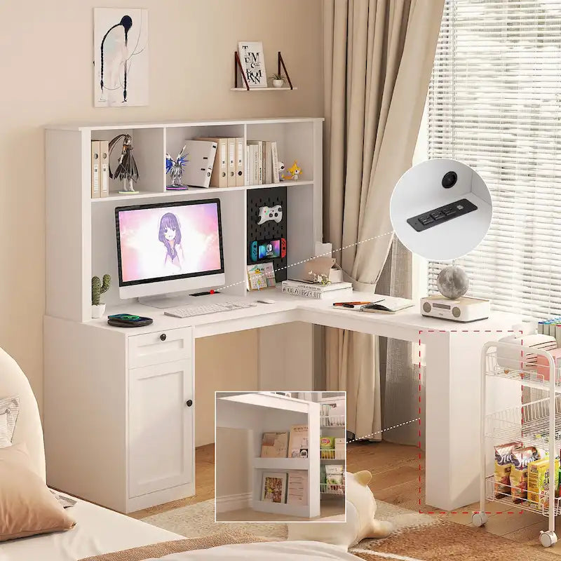 Bureau d'angle avec prise de courant, tiroirs et étagère