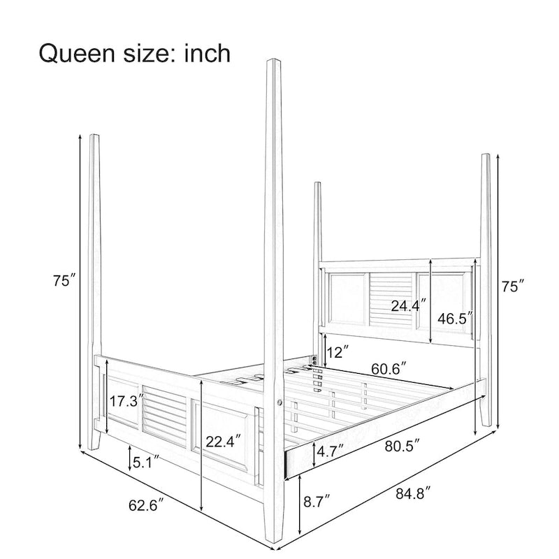 Lit à baldaquin en pin massif, grandeur Queen – 75 po de hauteur