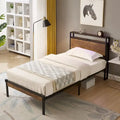 Lit double en métal avec tête et pied de lit en bois et port USB intégré
