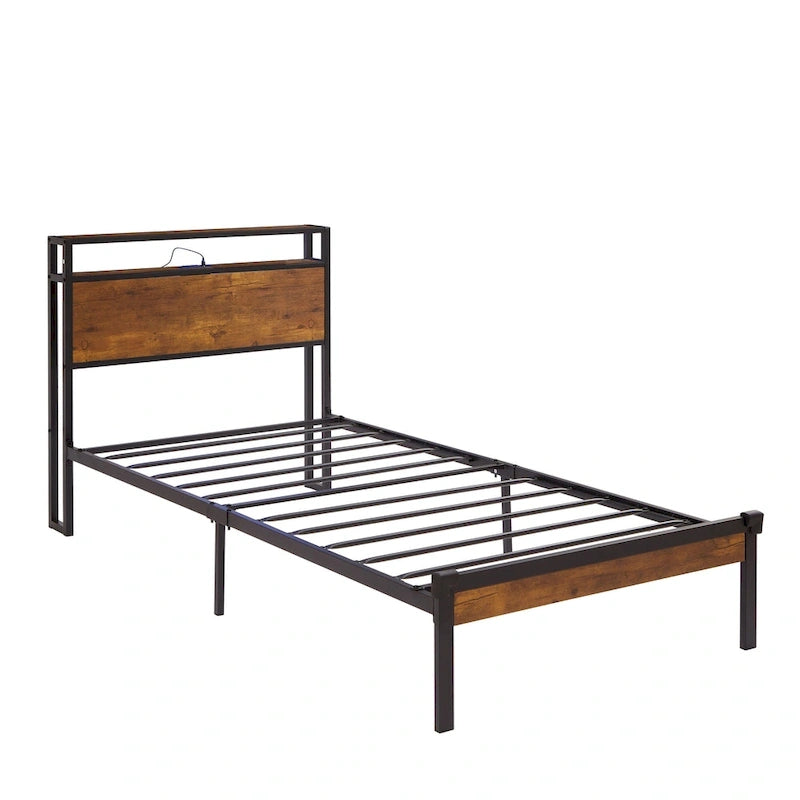 Lit double en métal avec tête et pied de lit en bois et port USB intégré