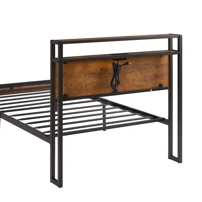Lit double en métal avec tête et pied de lit en bois et port USB intégré