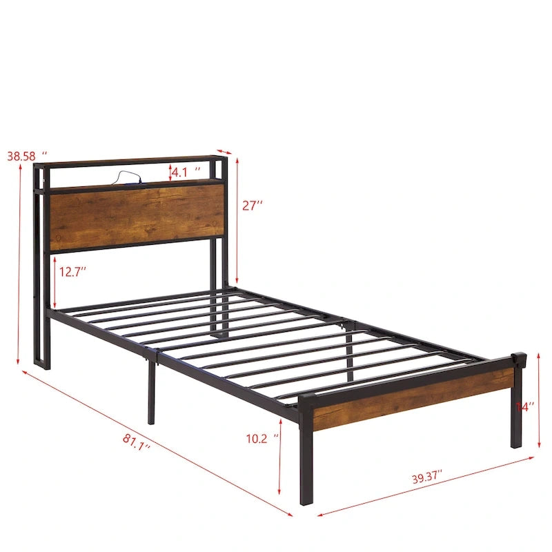 Lit double en métal avec tête et pied de lit en bois et port USB intégré