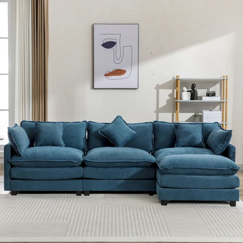 Canapé sectionnel d'angle moderne bleu 112.2 places avec pouf amovible, 5 oreillers moelleux et construction robuste
