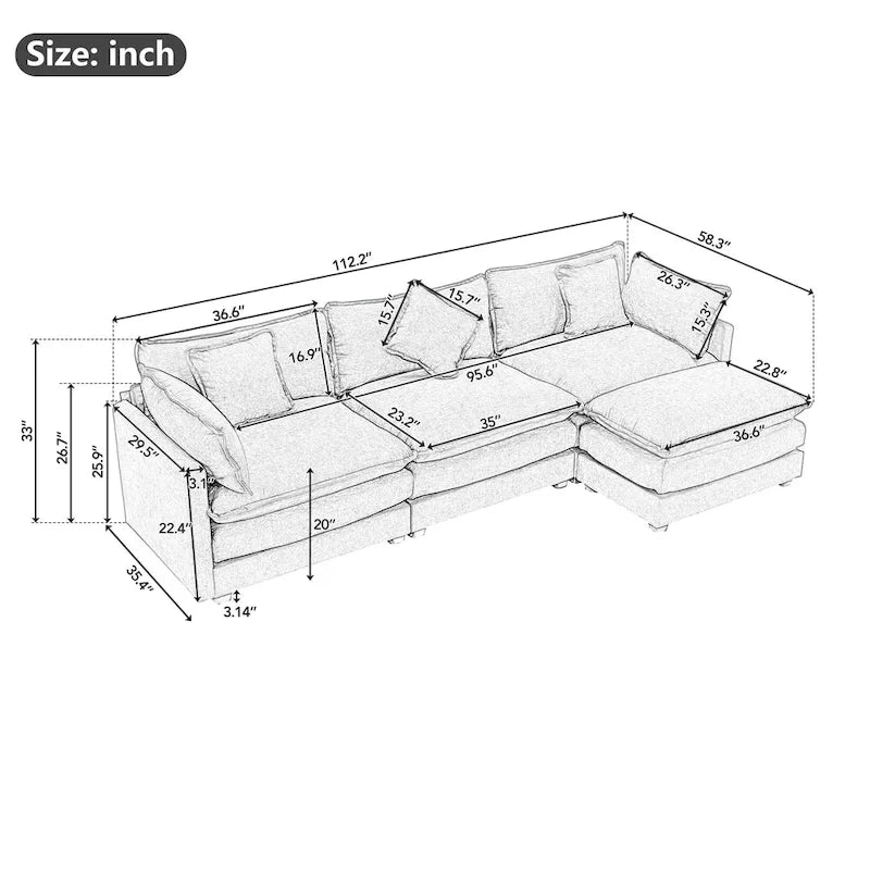 Canapé sectionnel d'angle moderne bleu 112.2 places avec pouf amovible, 5 oreillers moelleux et construction robuste