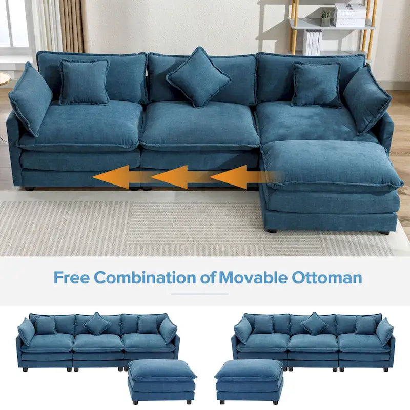 Canapé sectionnel d'angle moderne bleu 112.2 places avec pouf amovible, 5 oreillers moelleux et construction robuste