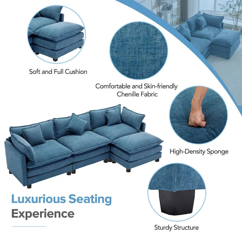 Canapé sectionnel d'angle moderne bleu 112.2 places avec pouf amovible, 5 oreillers moelleux et construction robuste