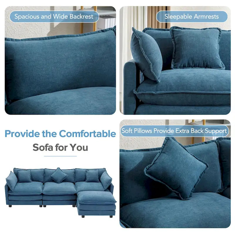 Canapé sectionnel d'angle moderne bleu 112.2 places avec pouf amovible, 5 oreillers moelleux et construction robuste