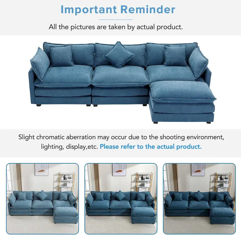 Canapé sectionnel d'angle moderne bleu 112.2 places avec pouf amovible, 5 oreillers moelleux et construction robuste