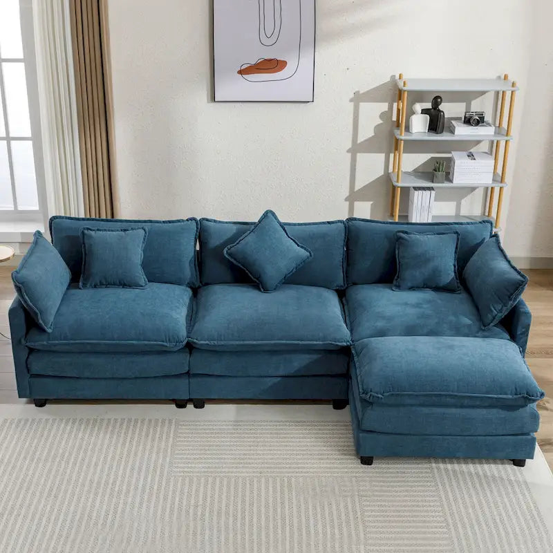Canapé sectionnel d'angle moderne bleu 112.2 places avec pouf amovible, 5 oreillers moelleux et construction robuste