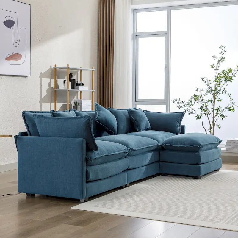 Canapé sectionnel d'angle moderne bleu 112.2 places avec pouf amovible, 5 oreillers moelleux et construction robuste
