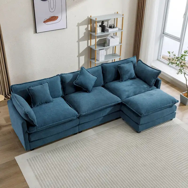 Canapé sectionnel d'angle moderne bleu 112.2 places avec pouf amovible, 5 oreillers moelleux et construction robuste