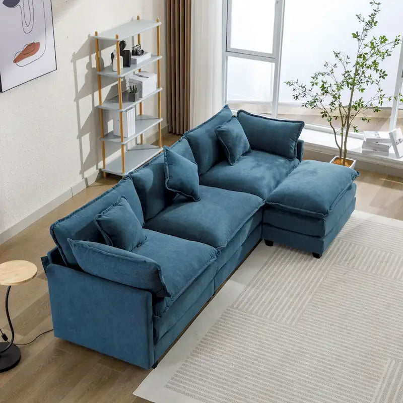 Canapé sectionnel d'angle moderne bleu 112.2 places avec pouf amovible, 5 oreillers moelleux et construction robuste