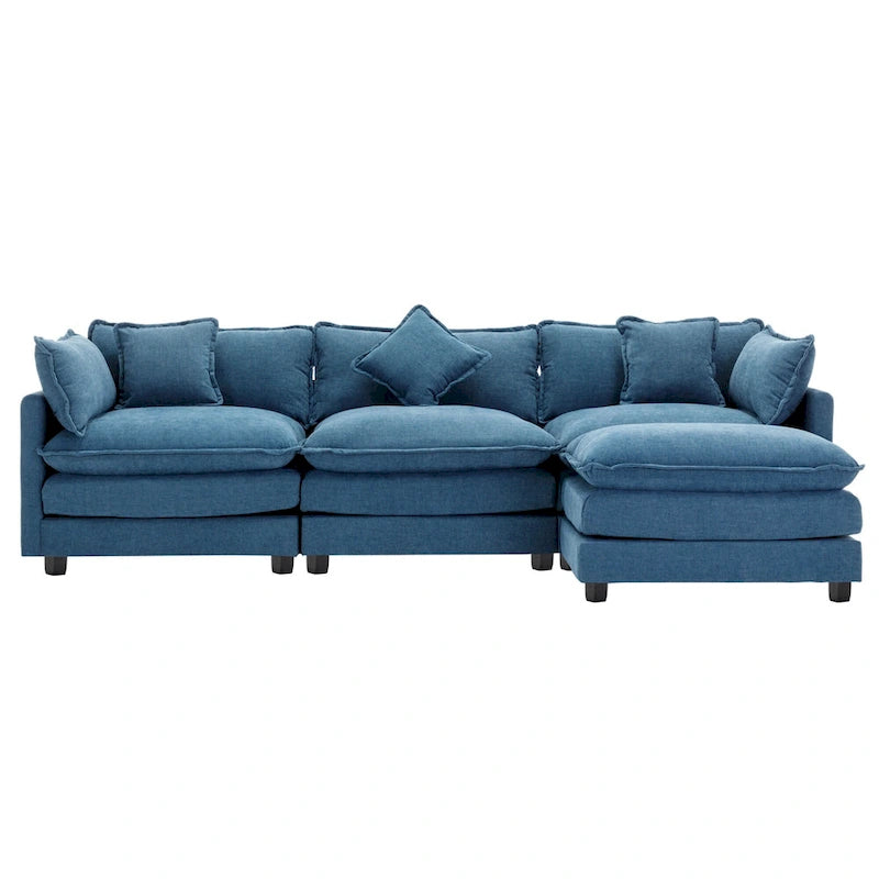 Canapé sectionnel d'angle moderne bleu 112.2 places avec pouf amovible, 5 oreillers moelleux et construction robuste
