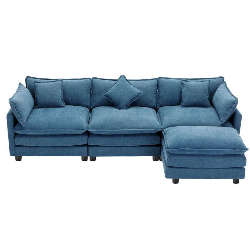 Canapé sectionnel d'angle moderne bleu 112.2 places avec pouf amovible, 5 oreillers moelleux et construction robuste