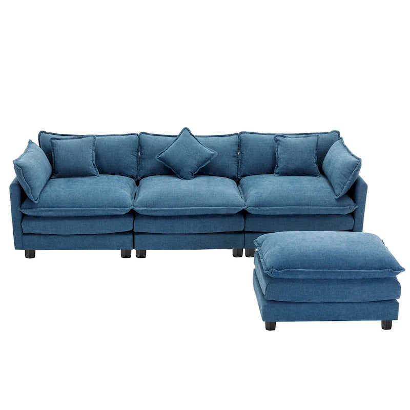 Canapé sectionnel d'angle moderne bleu 112.2 places avec pouf amovible, 5 oreillers moelleux et construction robuste