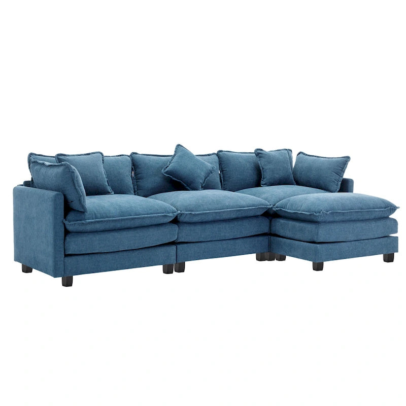 Canapé sectionnel d'angle moderne bleu 112.2 places avec pouf amovible, 5 oreillers moelleux et construction robuste