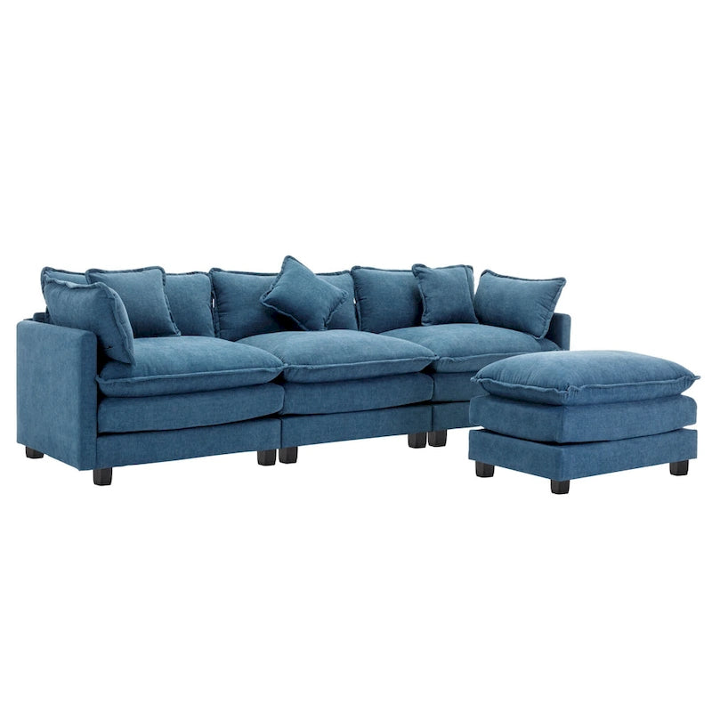 Canapé sectionnel d'angle moderne bleu 112.2 places avec pouf amovible, 5 oreillers moelleux et construction robuste