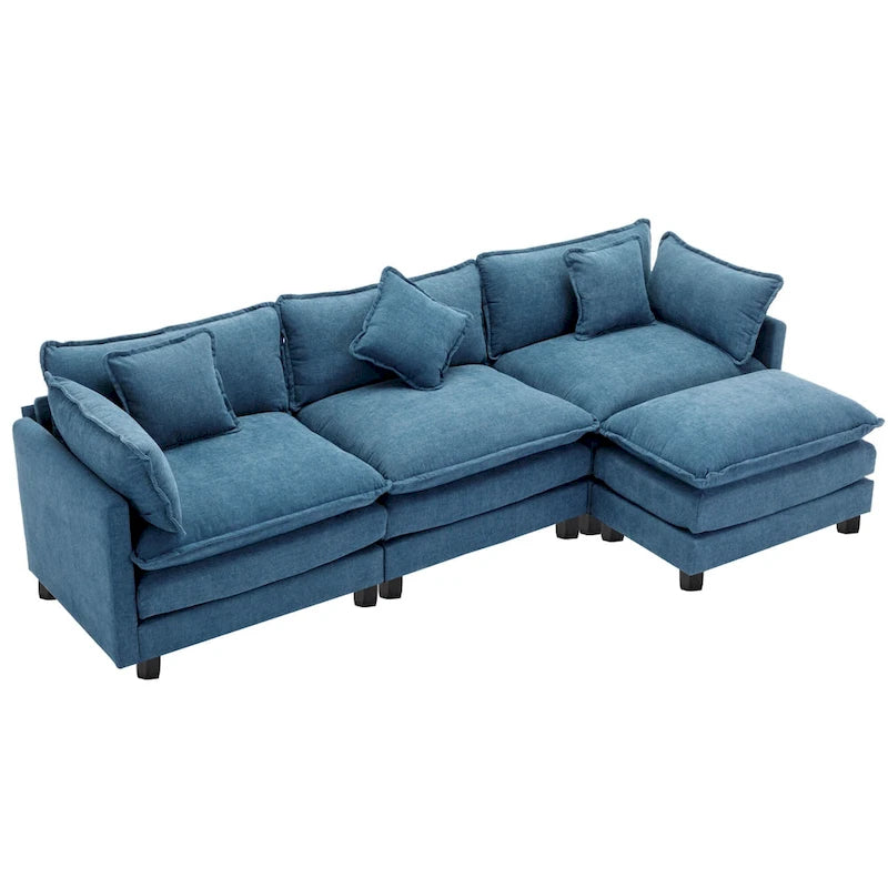 Canapé sectionnel d'angle moderne bleu 112.2 places avec pouf amovible, 5 oreillers moelleux et construction robuste