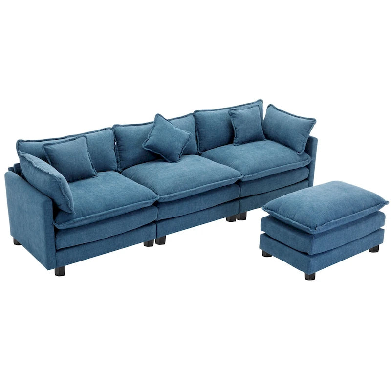 Canapé sectionnel d'angle moderne bleu 112.2 places avec pouf amovible, 5 oreillers moelleux et construction robuste
