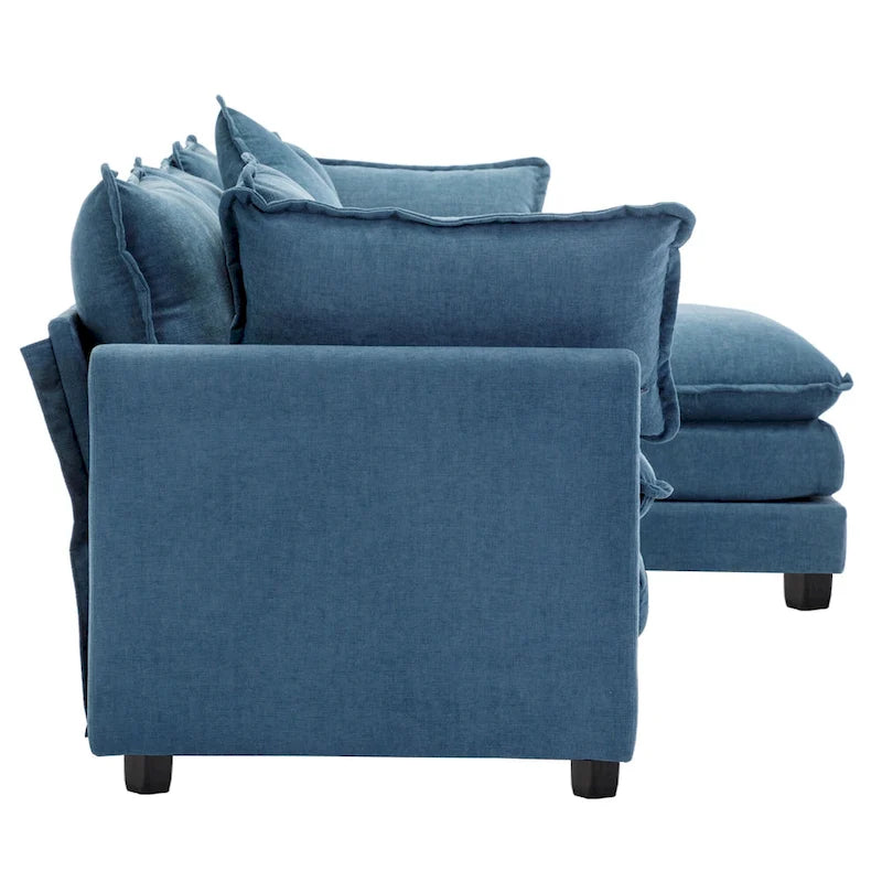 Canapé sectionnel d'angle moderne bleu 112.2 places avec pouf amovible, 5 oreillers moelleux et construction robuste