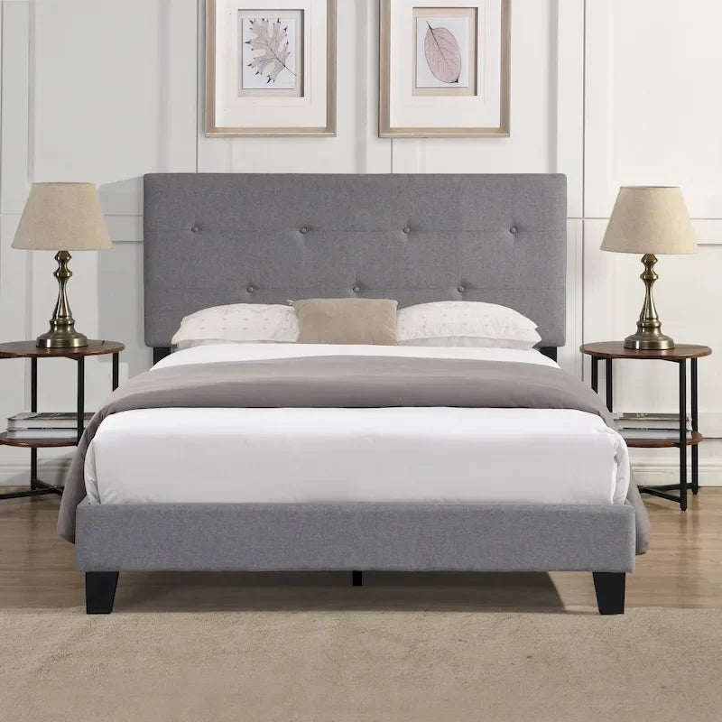 Lit plateforme capitonné Queen gris avec tête de lit en tissu de lin et support à lattes