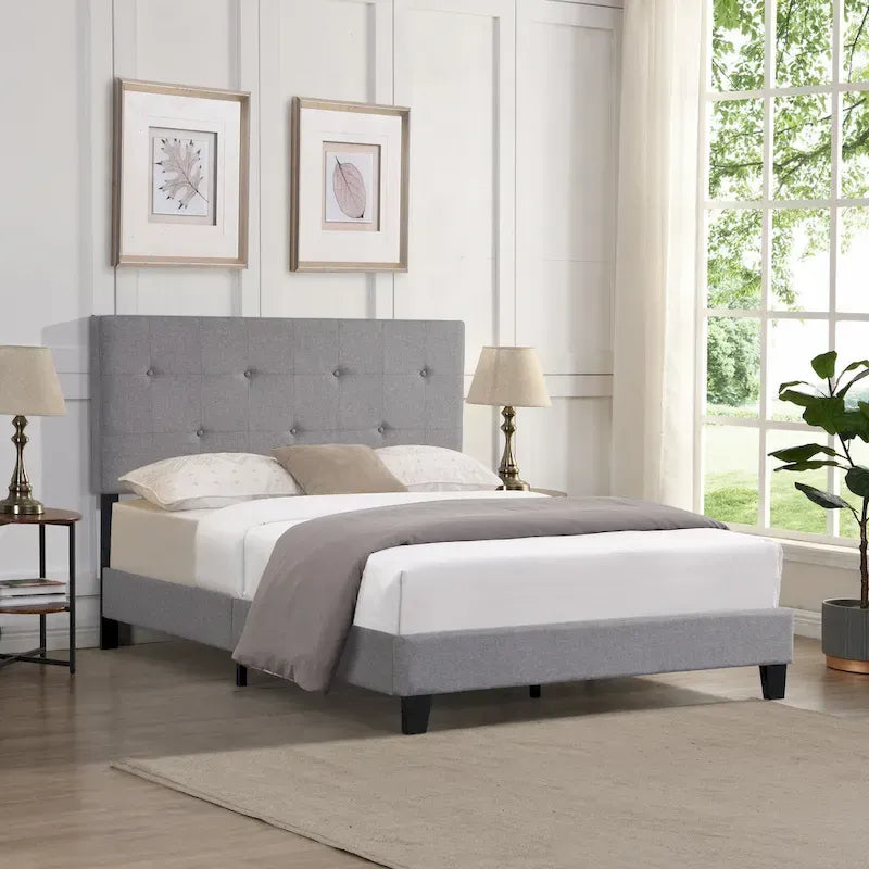 Lit plateforme capitonné Queen gris avec tête de lit en tissu de lin et support à lattes
