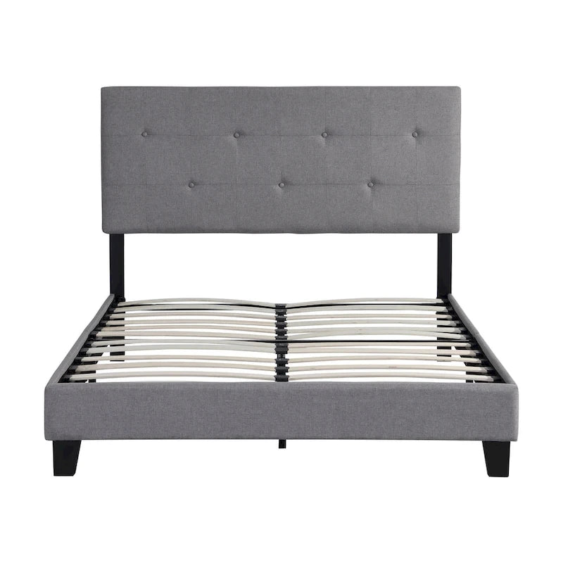 Lit plateforme capitonné Queen gris avec tête de lit en tissu de lin et support à lattes