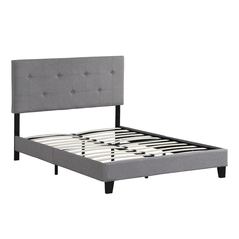 Lit plateforme capitonné Queen gris avec tête de lit en tissu de lin et support à lattes