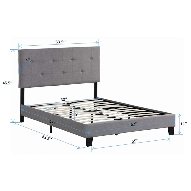 Lit plateforme capitonné Queen gris avec tête de lit en tissu de lin et support à lattes
