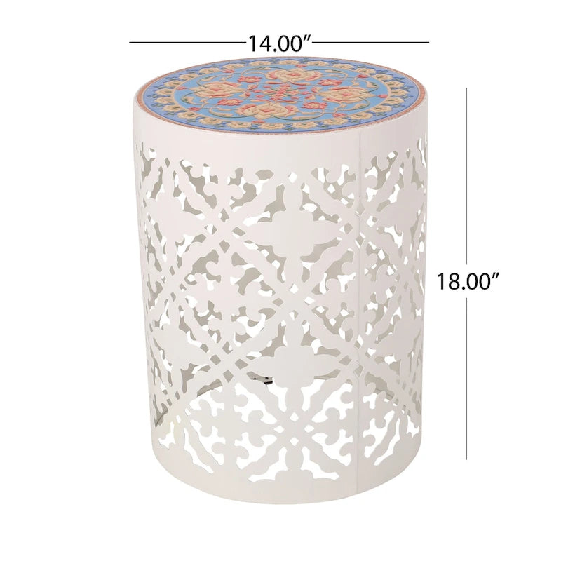 Table d'appoint intérieure en dentelle avec plateau en mosaïque de carreaux