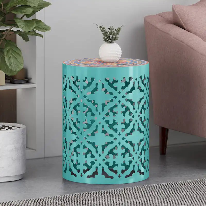 Table d'appoint intérieure en dentelle avec plateau en mosaïque de carreaux