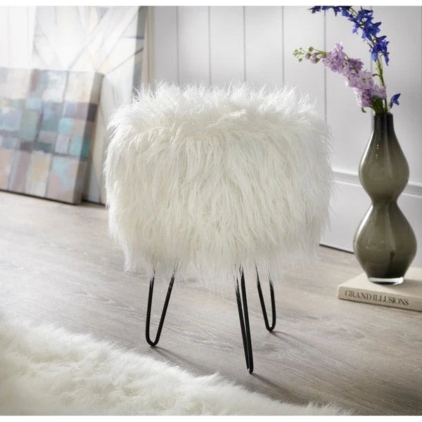 Tabouret d'appoint rond en fausse fourrure avec pieds épingle en métal